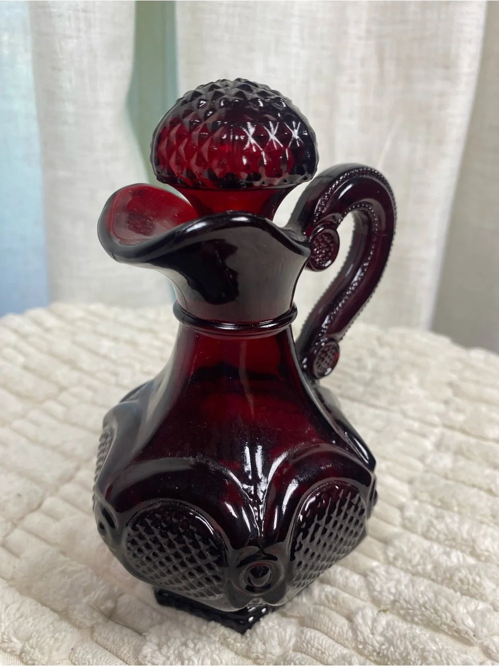 Vintage Avon 1876 Cape Cod Ruby Red Glass Cruet Decanter - Full w/ Original Oil